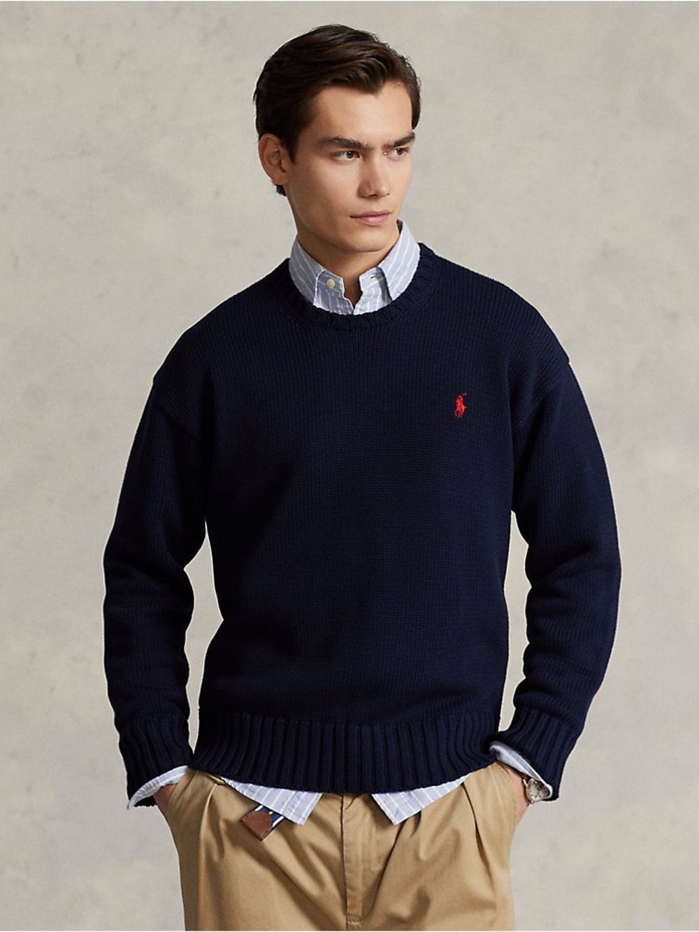 Ralph Lauren Navy Crewneck Sweater with Red Pony Embroidery